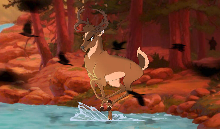 Deer running into a river