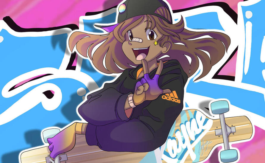 Skateboarder girl with graffiti background